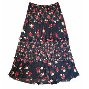 Conrad C Collection Black Red Rose Floral Tiered Maxi Skirt Sz L Boho Preppy